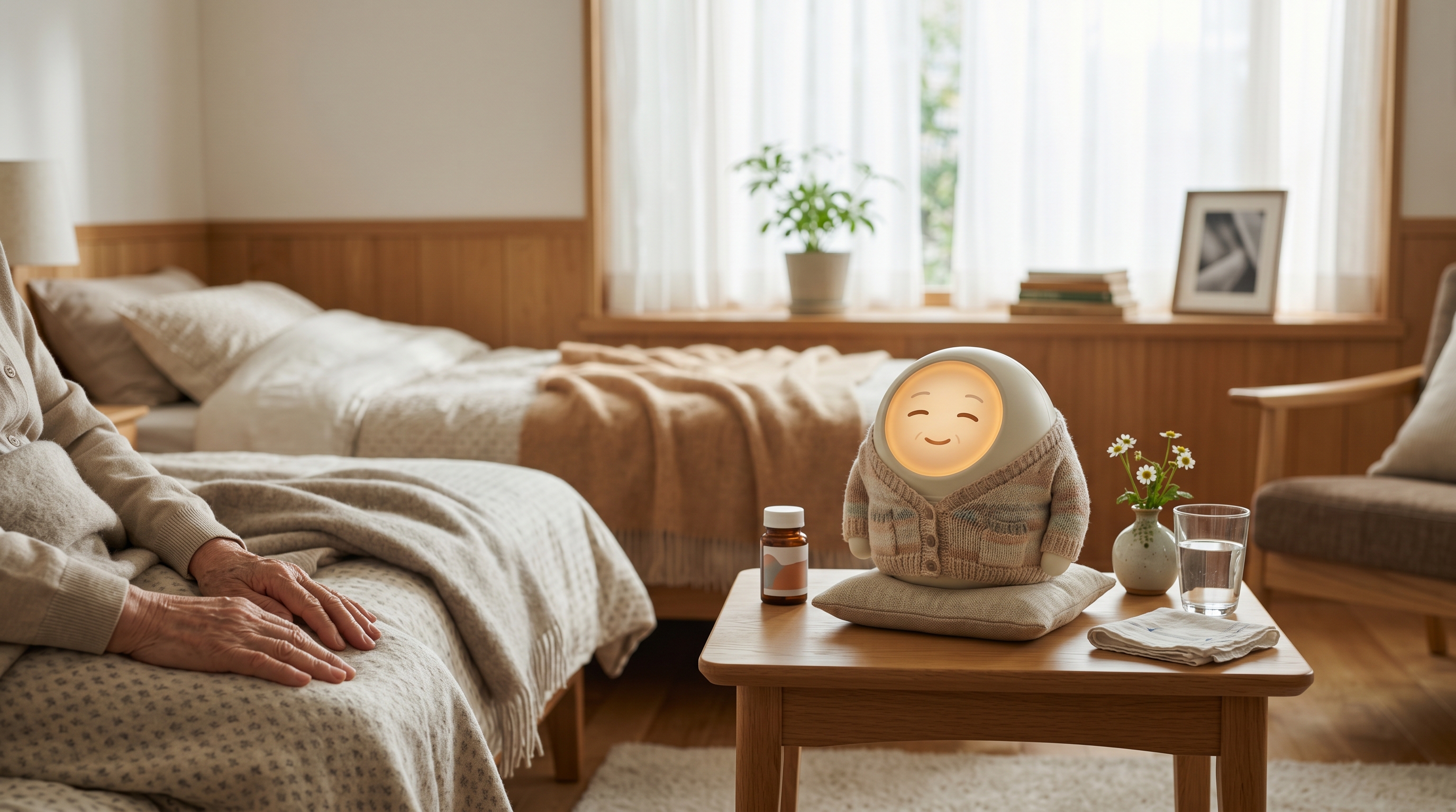 介护房间，奶奶 AI 与药瓶和洋甘菊